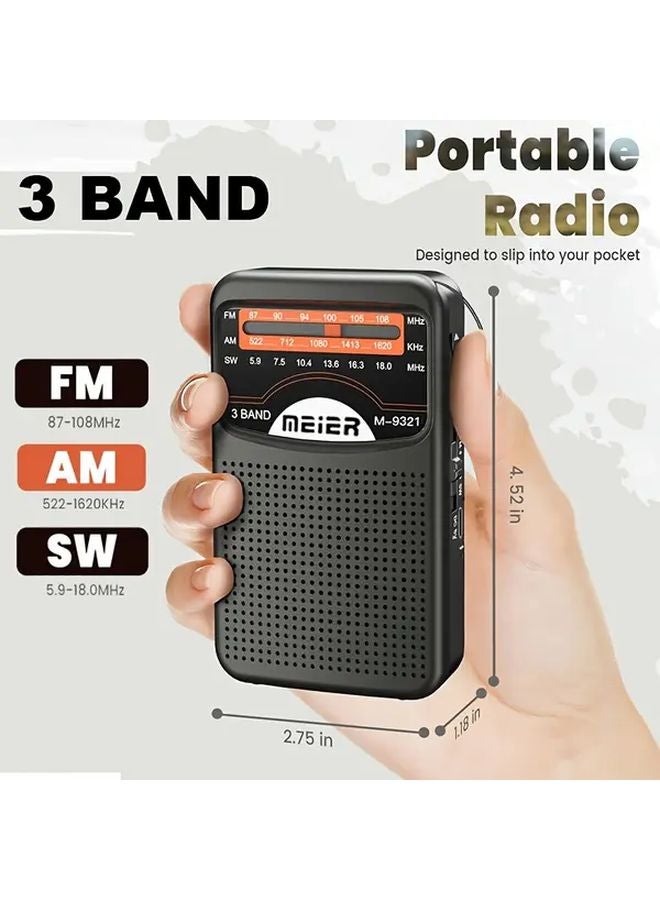 راديو أسود محمول AM/FM مع شحن USB وبطارية قابلة لإعادة الشحن ومقسم سماعات الرأس - Image 3